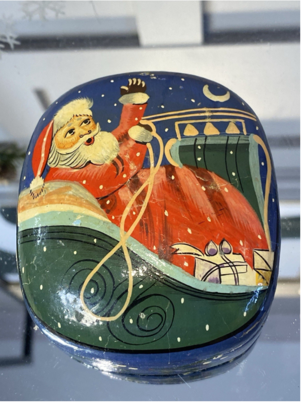 Vintage Hand Painted Santa Keepsake Box India Yellow Folk Art Decor